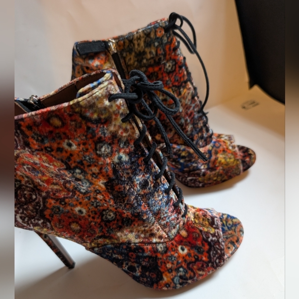 Tabitha Simmons Multicolor Floral Lace up Peep Toe High Heel Booties Size 41 New - Picture 3 of 8